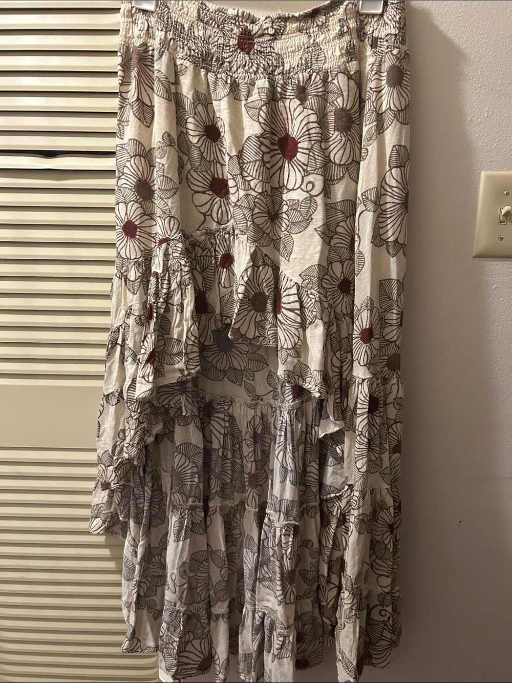 Free People Cream Floral Tiered Maxi Skirt with Maroon Accents